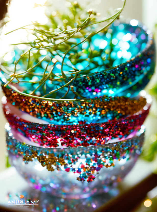 Colorful Glittery Bangles with Plant Sprig on Top