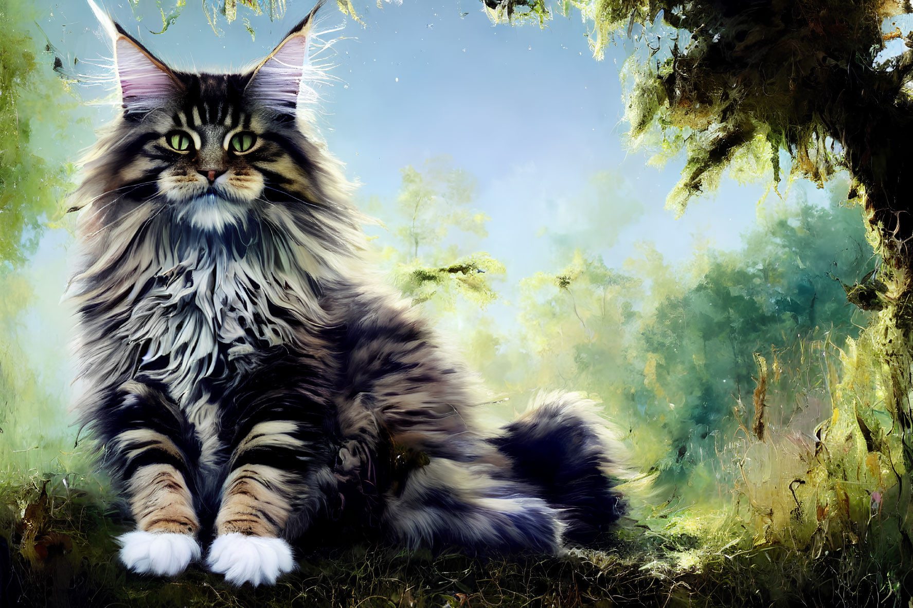 Striking long-haired cat against sunlit forest backdrop