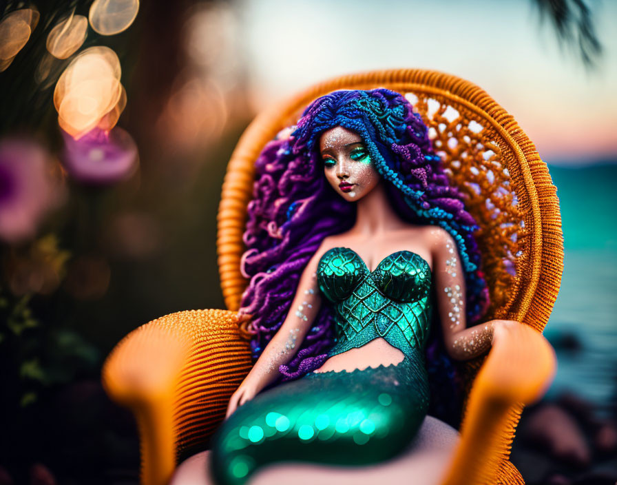 Purple-haired doll with green mermaid tail on wicker chair in front of warm bokeh lights