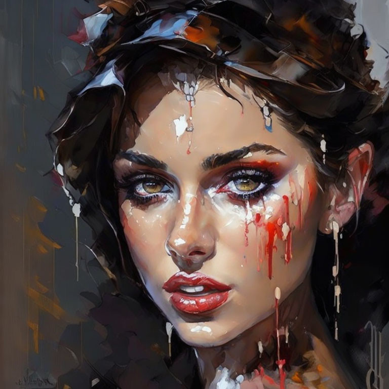 Digital painting of disheveled woman with smudged makeup and paint drips