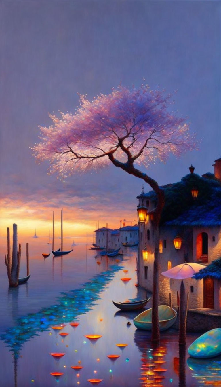 Cherry Blossom Village at Dusk with Lanterns and Boats