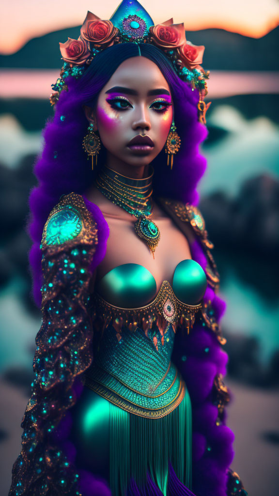 Ethereal woman with rose crown, purple hair, teal and gold attire