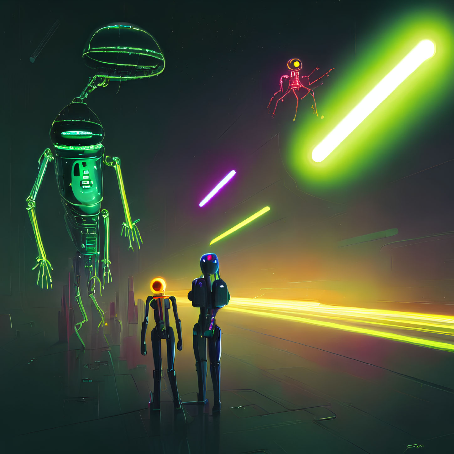 Three robots in neon-lit cyberpunk scene with flying propeller, light trails.