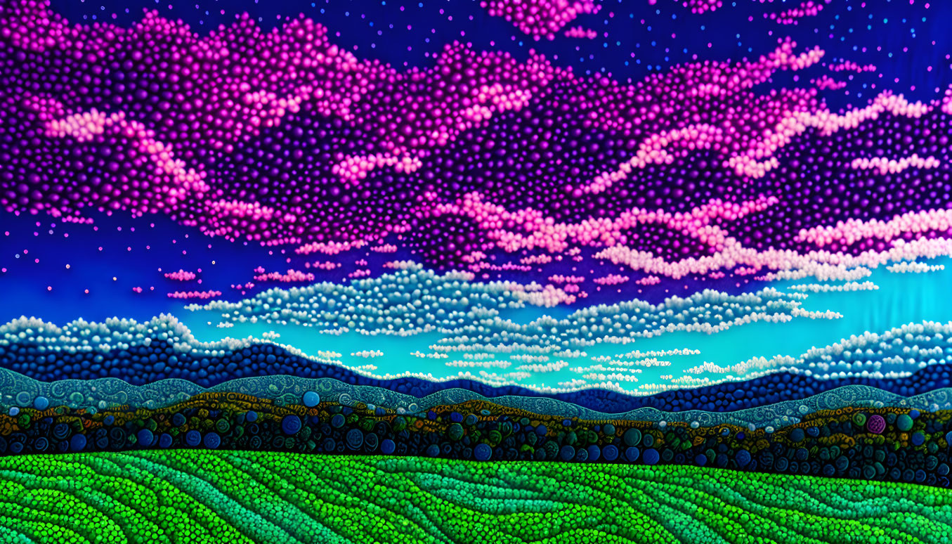 Pixelated landscape with green hills under a starry sky in pink and blue hues