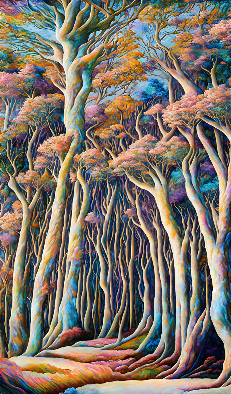 Colorful Surreal Forest Painting with Intertwined Trees