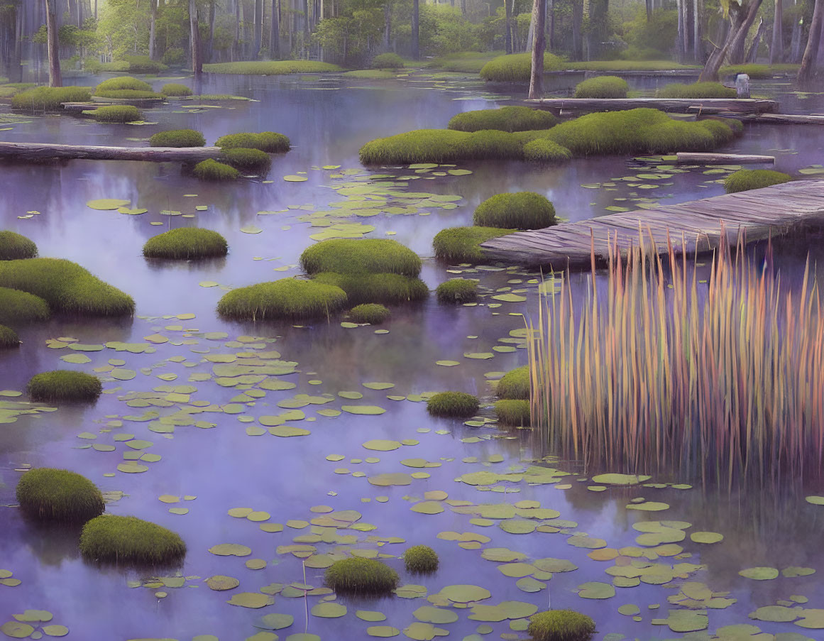 Tranquil Lilac Pond with Lily Pads and Wooden Walkway