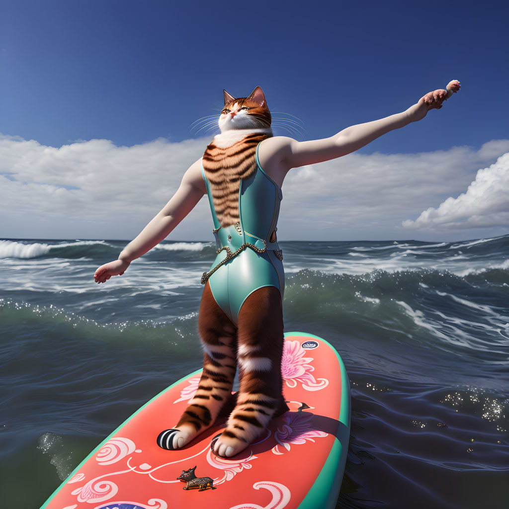 Cat in swimsuit surfs ocean waves on surfboard