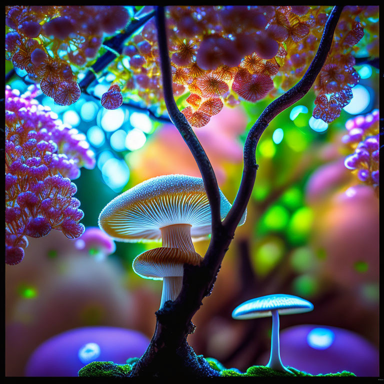 Colorful Close-Up Shot of Glowing Mushrooms and Foliage