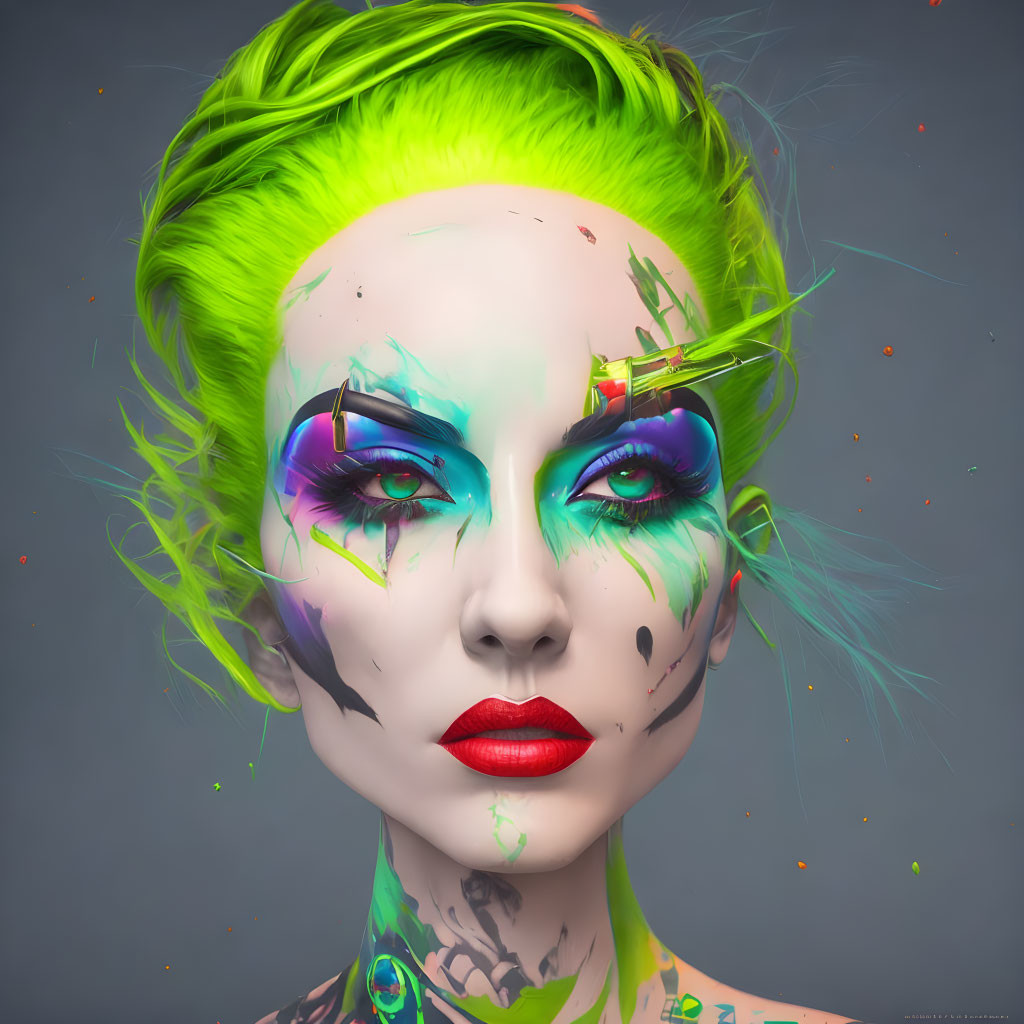 Vibrant 3D Rendering of Woman with Neon Green Hair