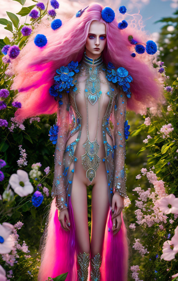 Fantasy figure with pink hair and lavender skin in bejeweled outfit among vibrant flowers