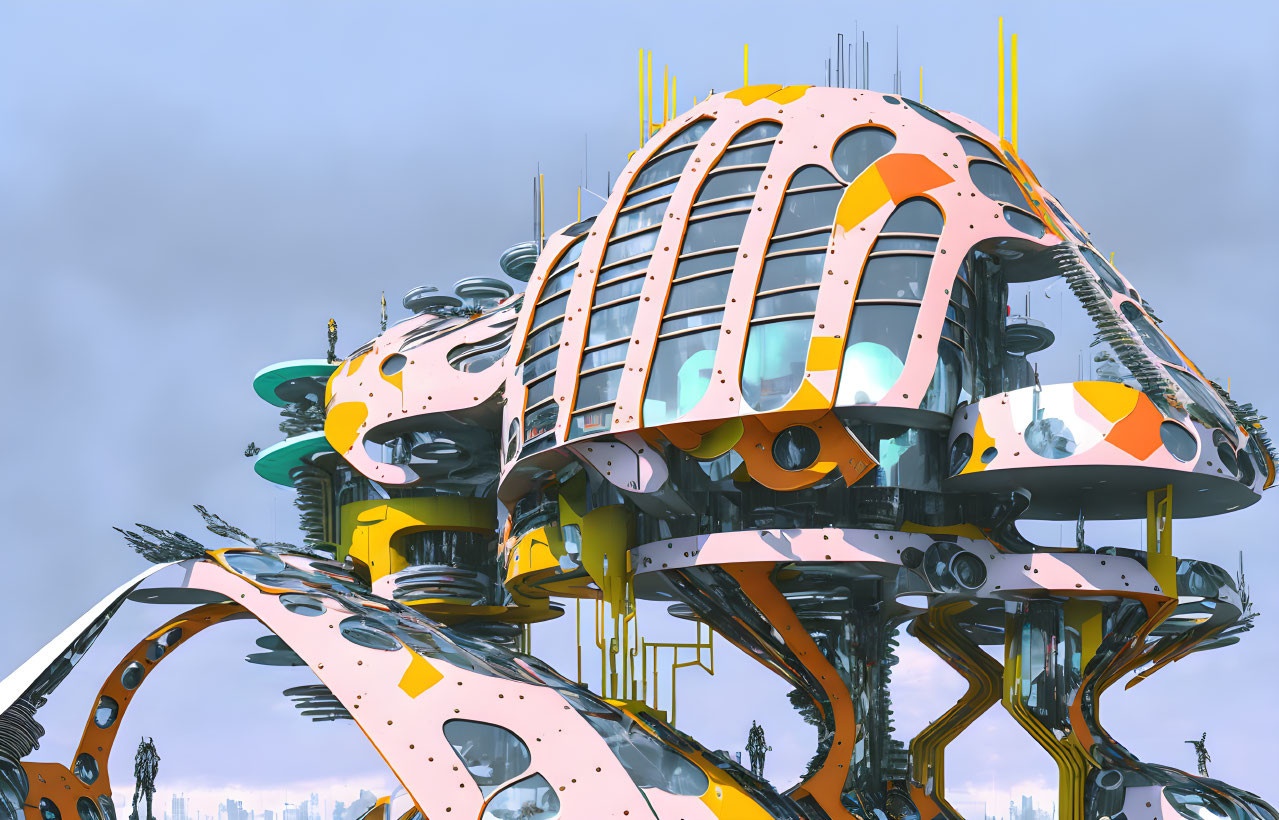 Futuristic abstract structure with polka-dot patterns and organic shapes