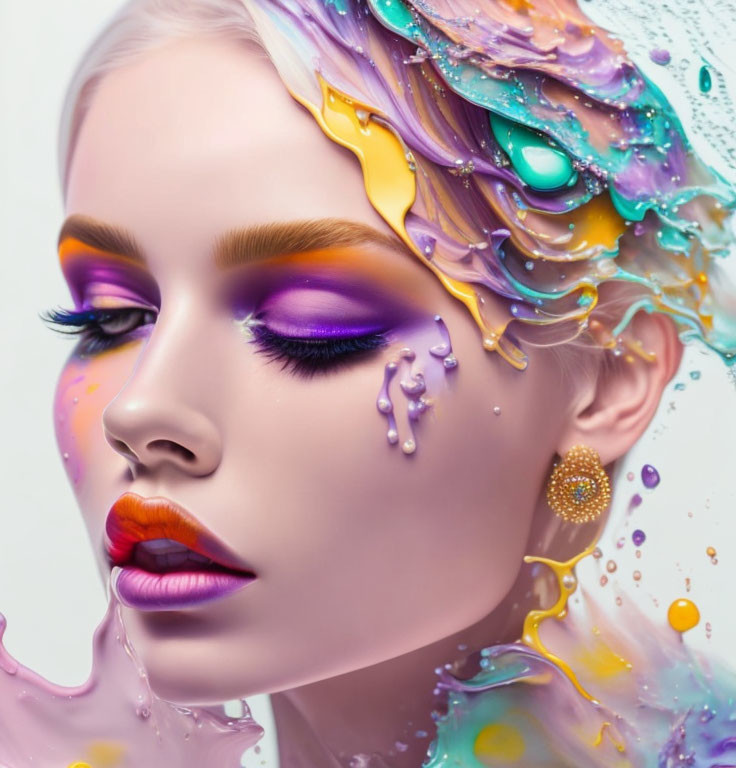 Vibrant swirling paint and makeup on woman's face in purple, yellow, and white hues