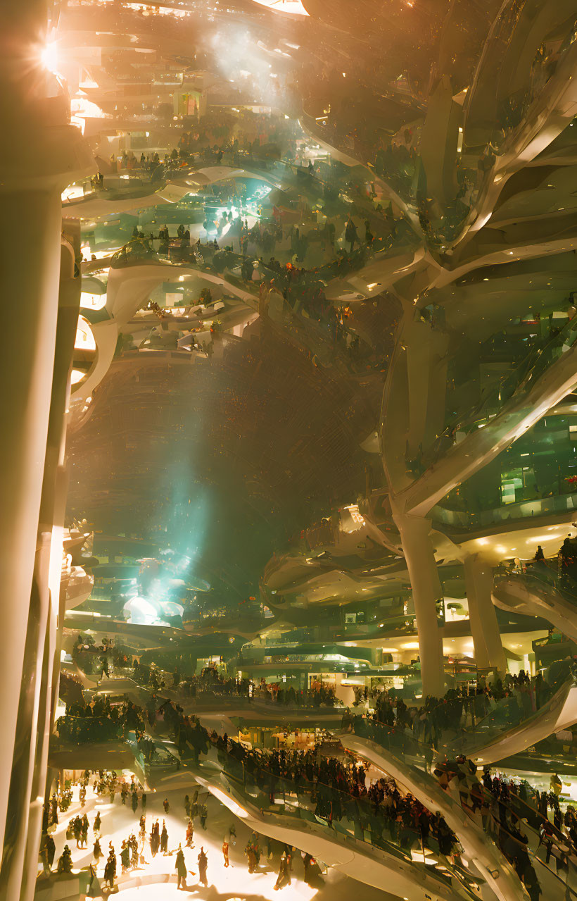 Crowded multi-level interior with futuristic organic architecture and dynamic lighting