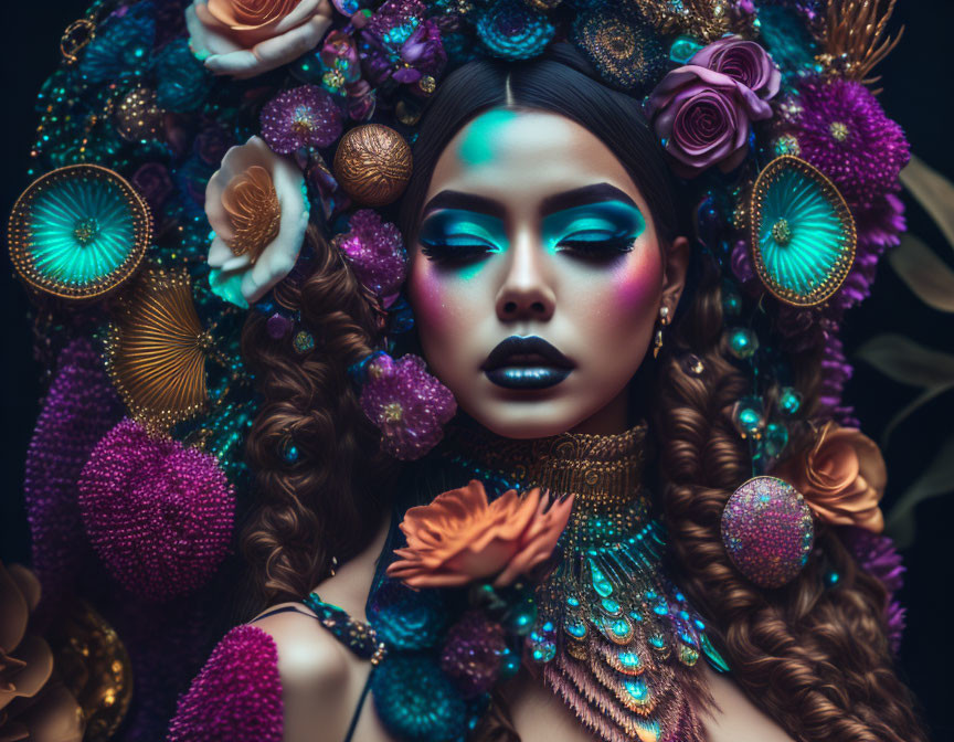 Elaborately adorned woman with decorative headpiece and makeup.