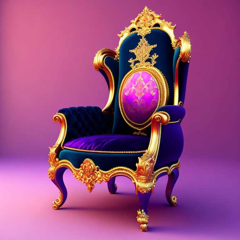 Luxurious Baroque Style Chair with Blue and Gold Velvet Upholstery