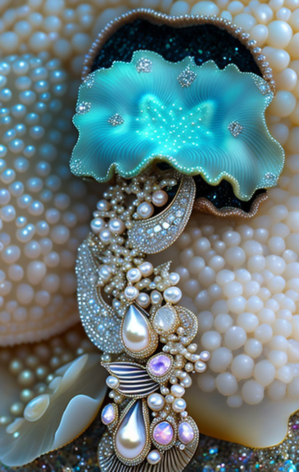 Abstract Fractal Design: Turquoise, Beige & White Pearls