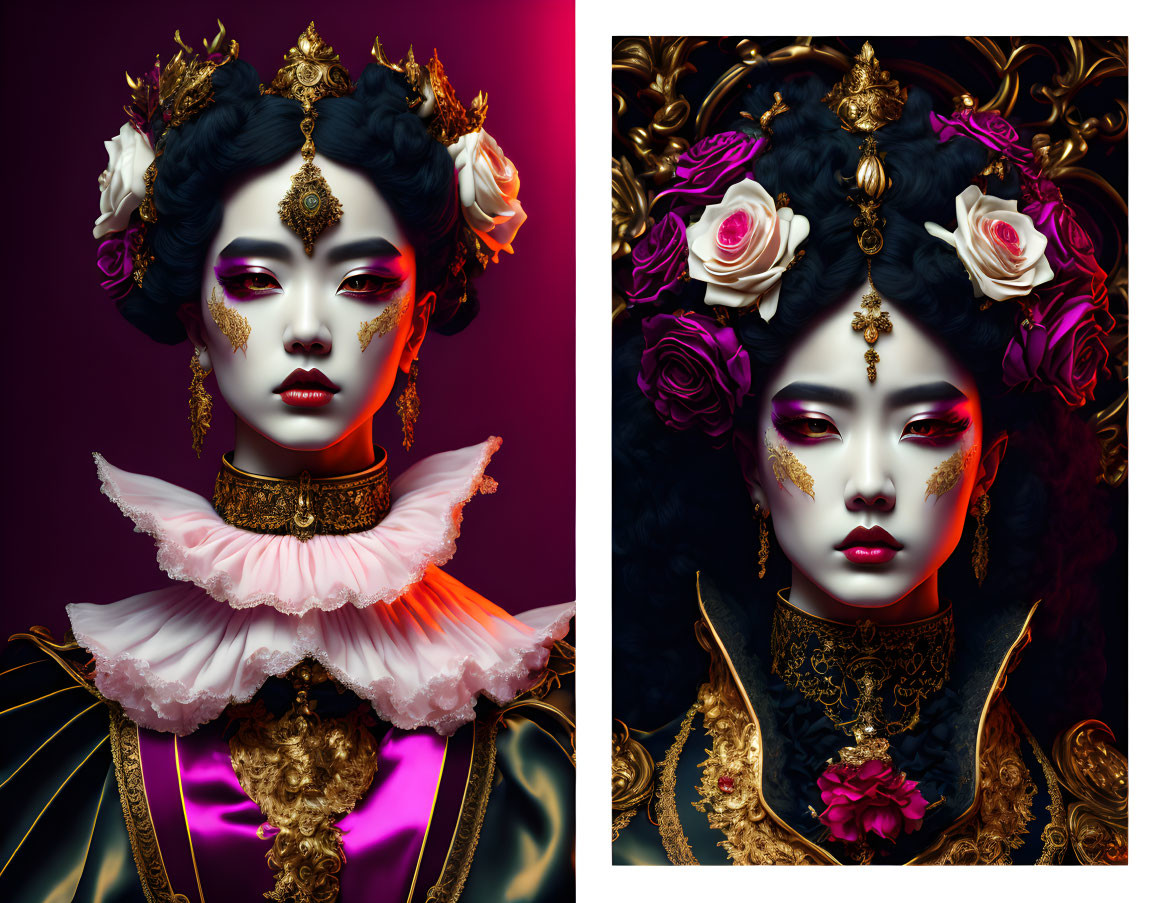 Traditional Asian makeup and headpieces on woman in luxurious setting