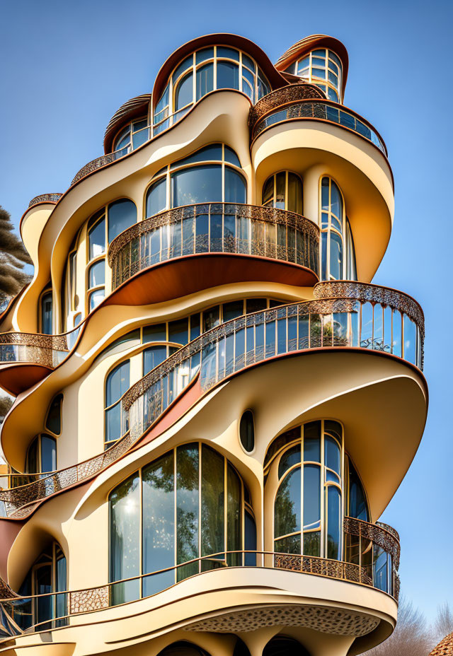 Curved glass building with ornate balconies under blue sky