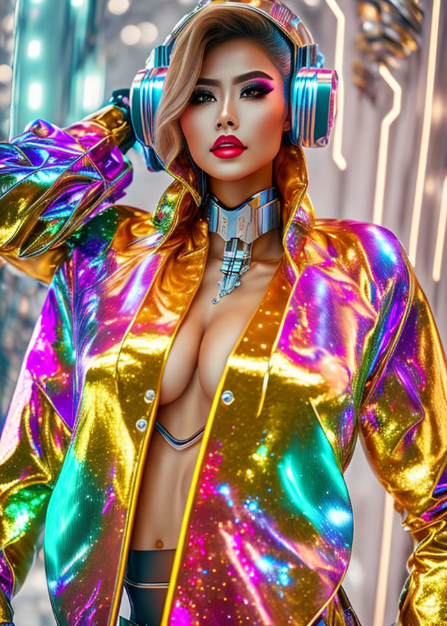 Vibrant cyberpunk portrait of woman with holographic jacket