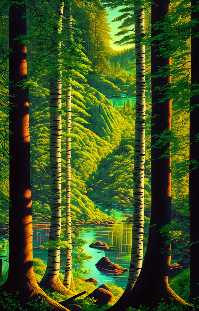 Lush forest with tall trees and tranquil river under golden sunlight