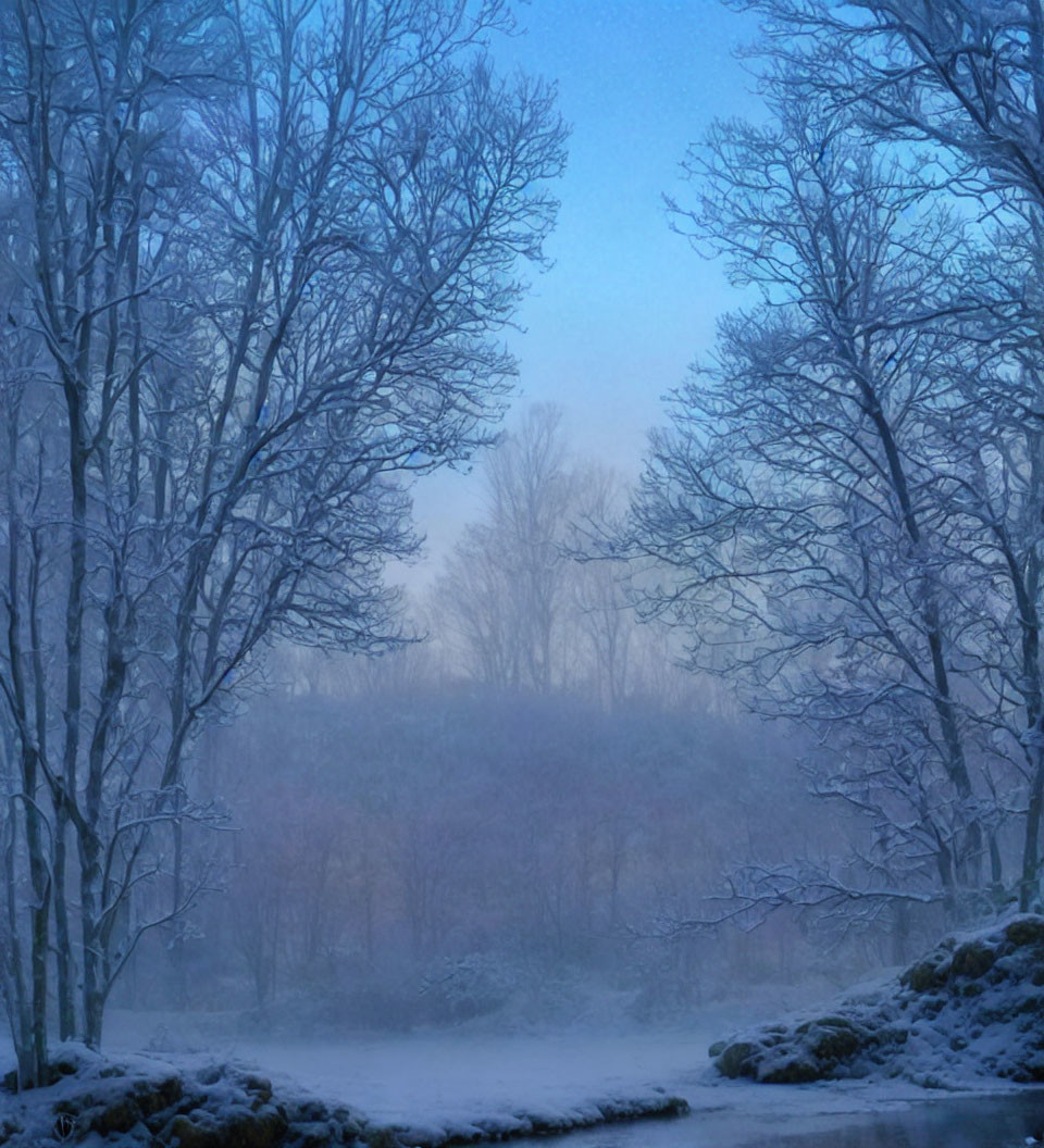 Snow-covered trees and tranquil stream in serene winter forest at twilight