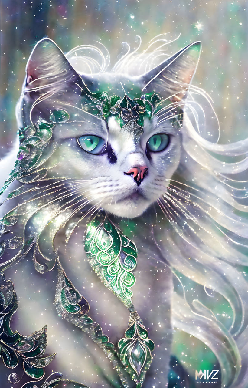 Majestic cat fantasy illustration with green eyes and ornate headgear