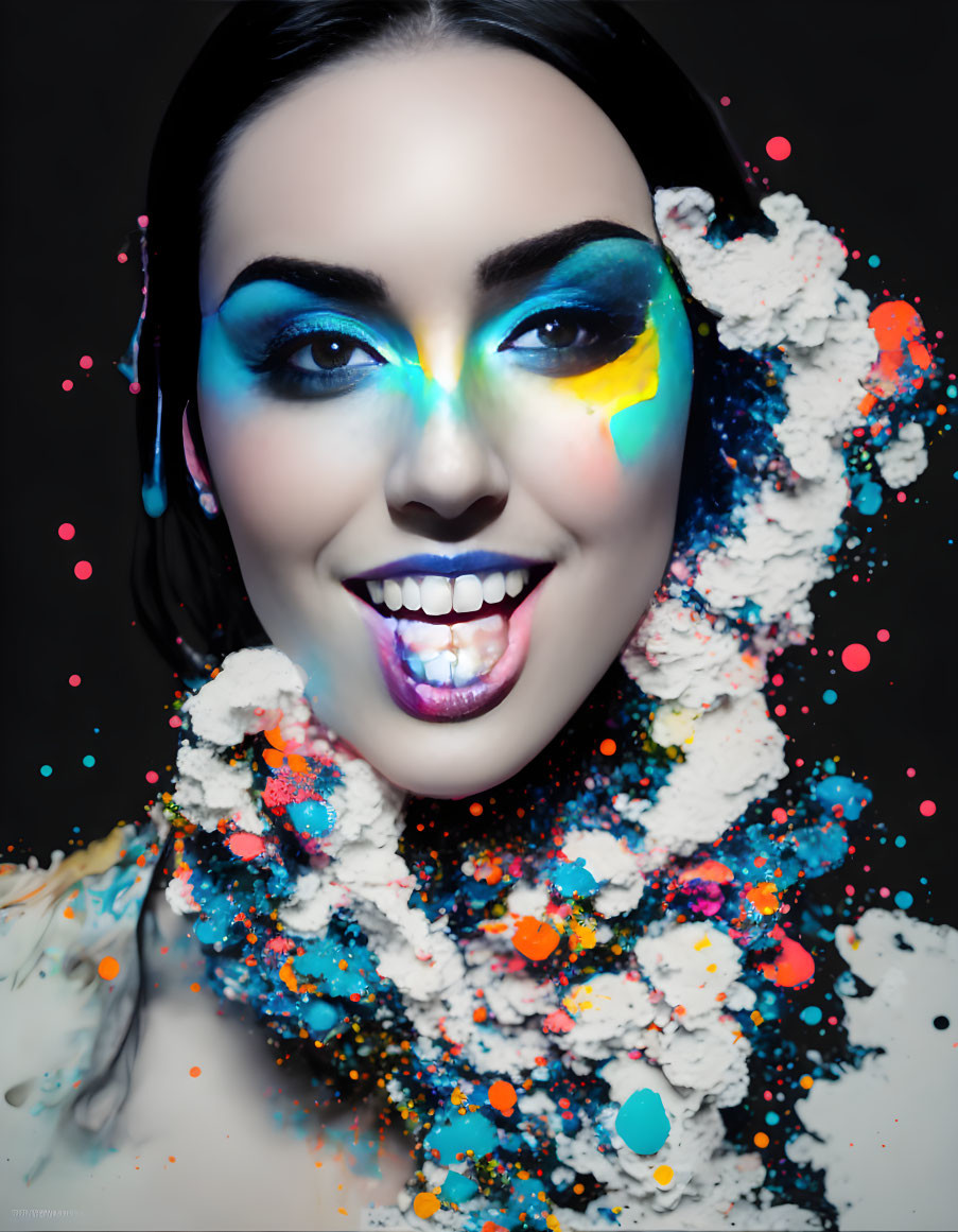 Colorful makeup woman smiling with bright paint splashes