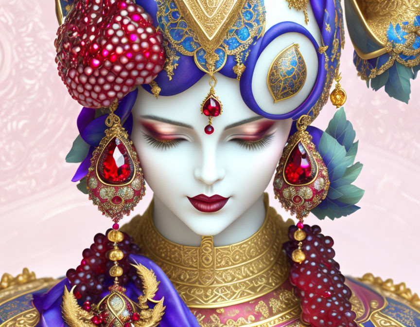 Detailed Illustration of Blue-Skinned Deity with Ornate Jewelry