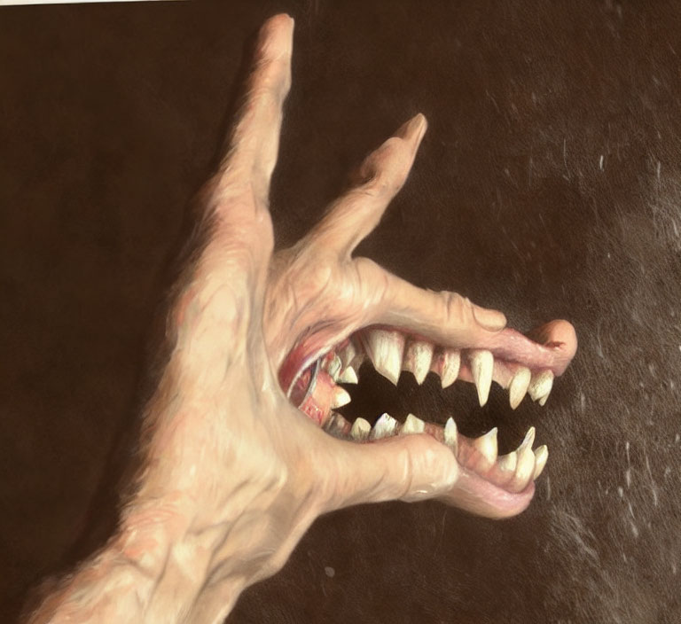 Surreal illustration of hand with monstrous mouth and sharp teeth on dark background