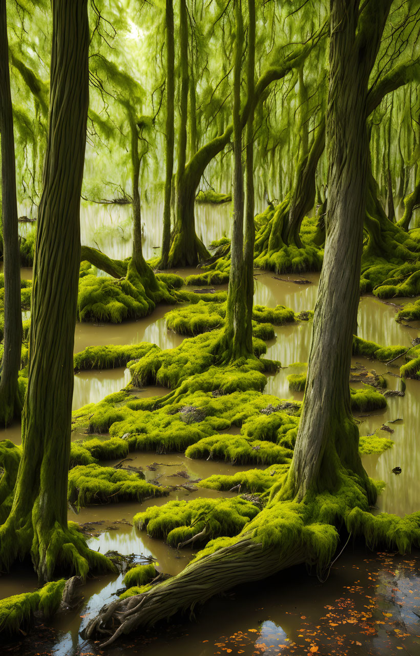 Sunlit Mystical Swamp with Moss-Covered Trees and Reflective Water