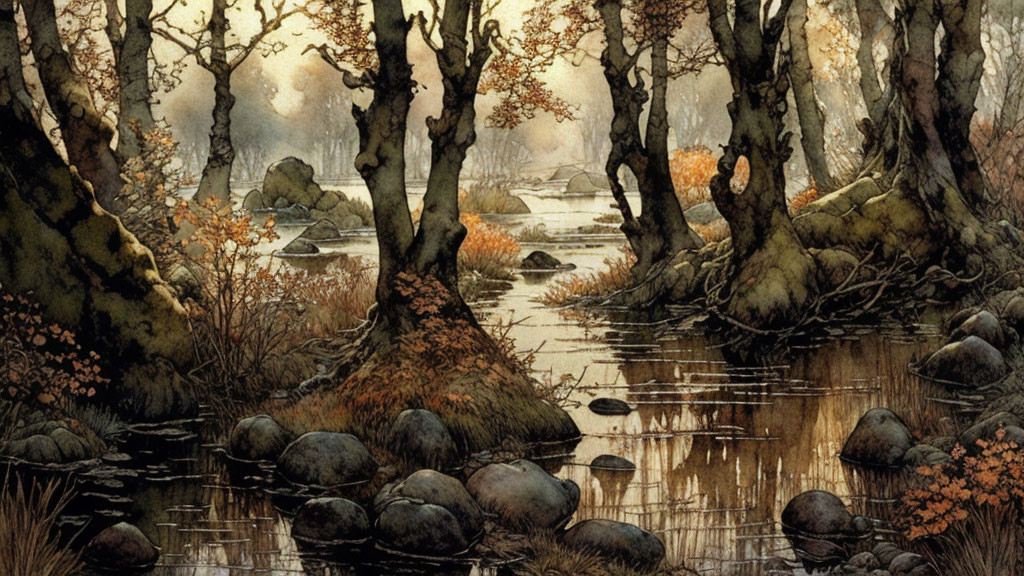 Tranquil autumn forest scene with trees, stream, stones, fallen leaves