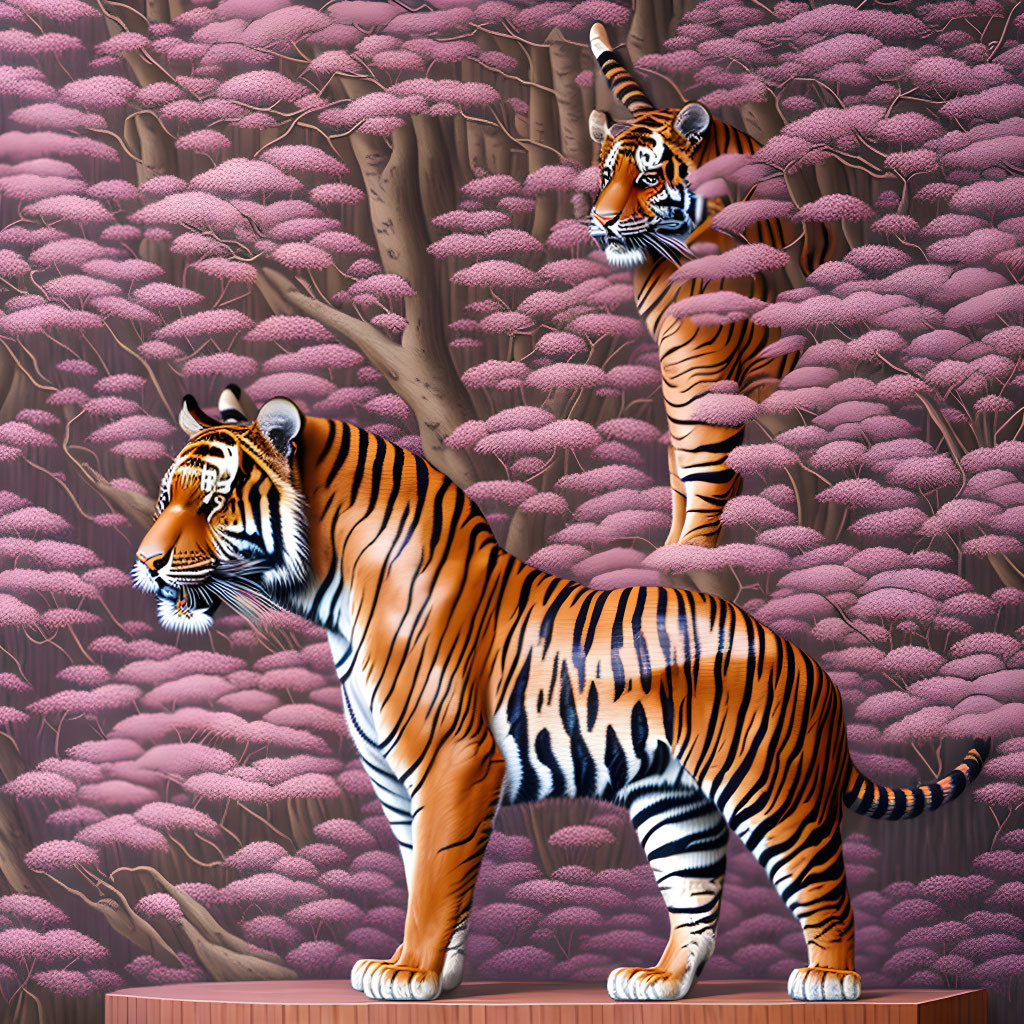 Colorful Tiger with Human Arm Sword in Pink Forest