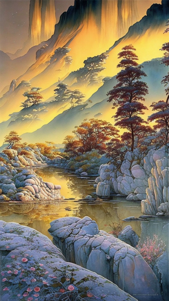 Tranquil landscape: cliffs, river, trees, moss-covered rocks, flowers, sunset glow