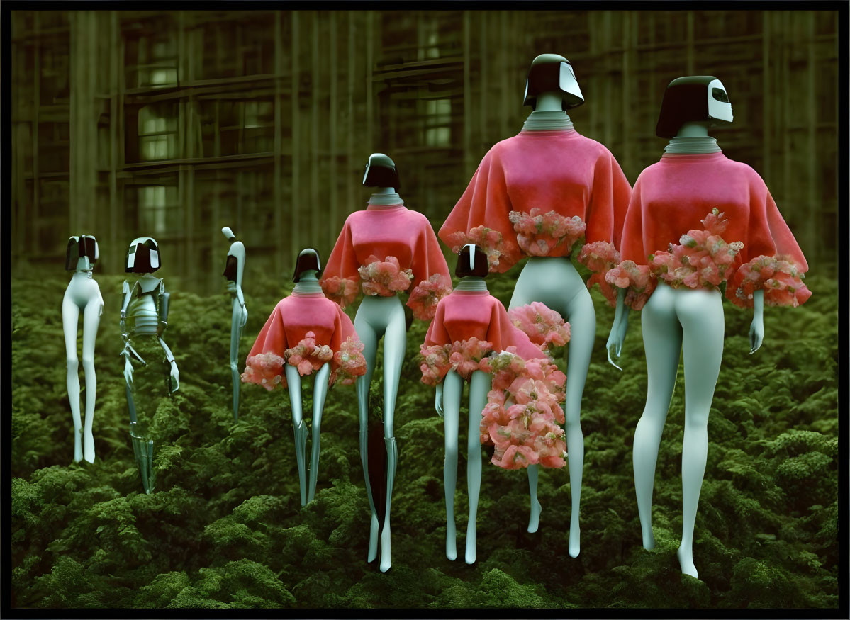 Flower-adorned mannequins in pink and white, displayed outdoors among moss, one