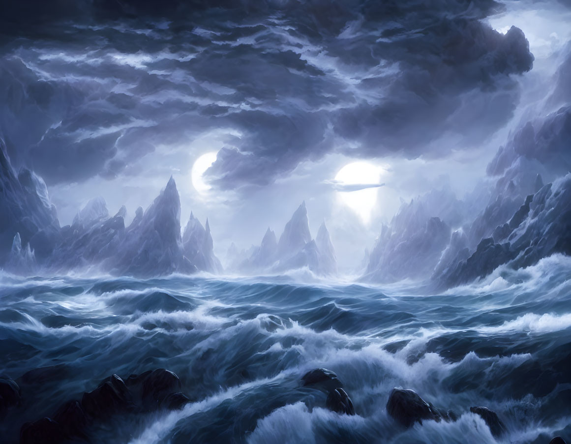 Moonlit seascape with towering cliffs and turbulent waves