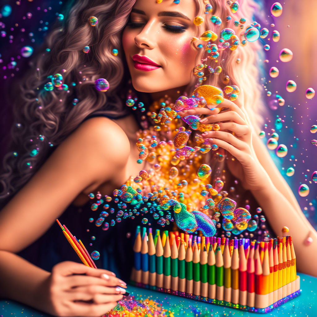 Curly-Haired Woman Smiles Surrounded by Vibrant Bubbles and Colored Pencil