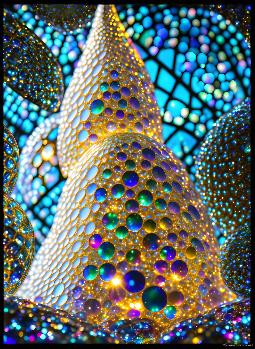 Vibrant close-up of colorful light installation with honeycomb pattern and reflective surfaces