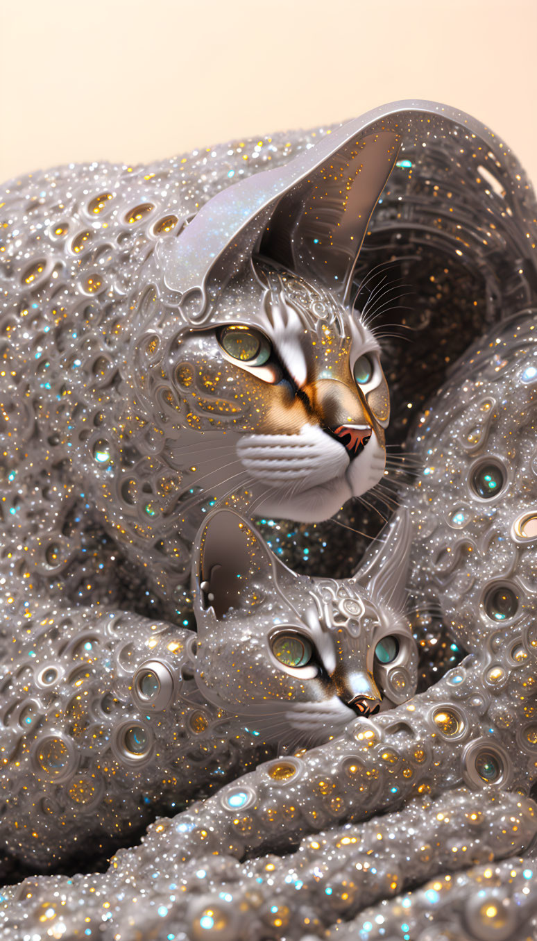 Surreal cat with glittery skin and swirling folds.