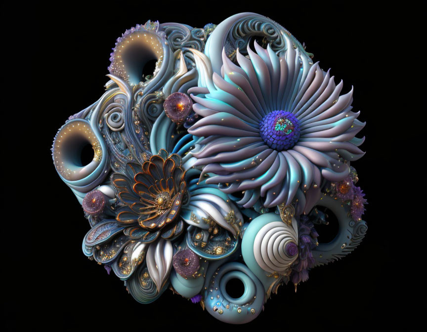 Abstract 3D Fractal Object with Floral Designs in Blues, Purples, and Golds