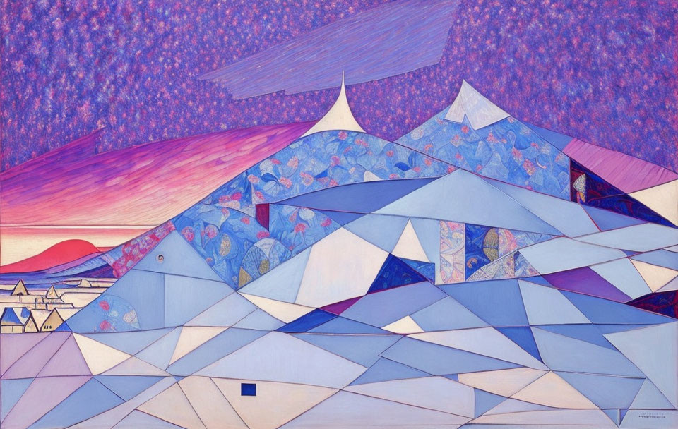 Geometric mountain painting in blue and purple with floral patterns on pink sky