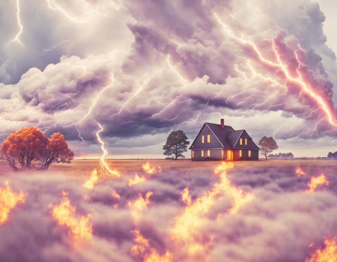 Stormy Scene: Lightning Strikes Near Solitary House in Burning Field