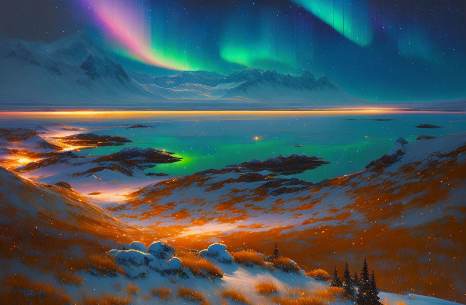 Northern Lights over Mountainous Landscape with Orange Grass and Calm Waters