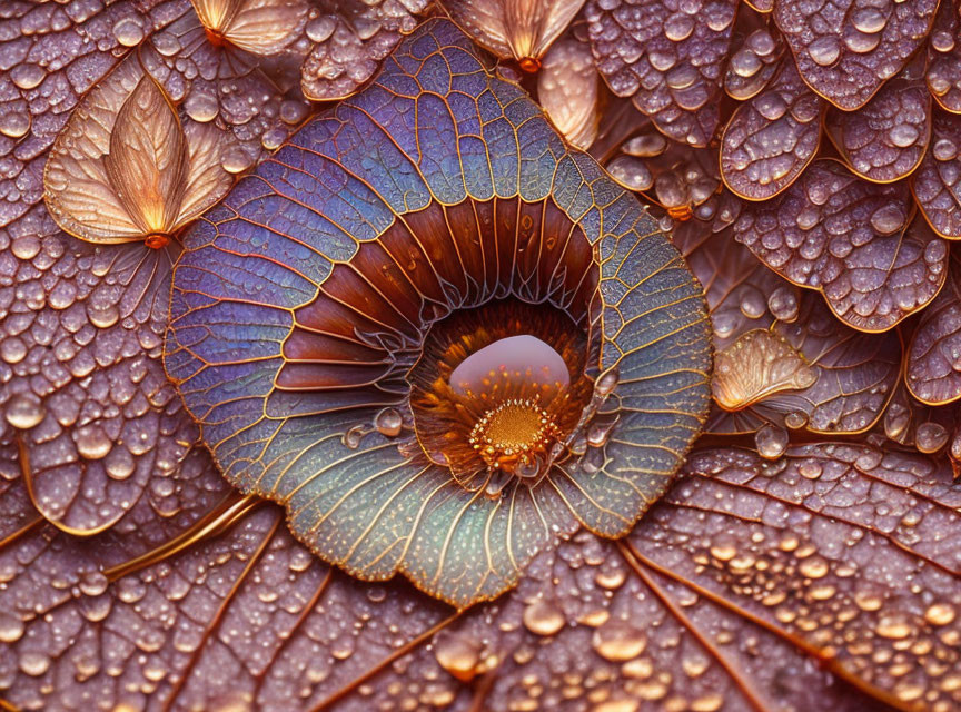 Nautilus Shell Close-Up with Copper Leaves and Water Droplets