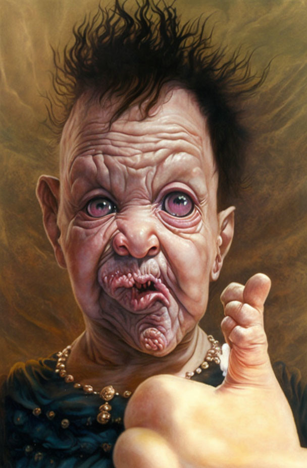 Elderly-baby hybrid with wrinkled face, bulging eyes, spiky hair,