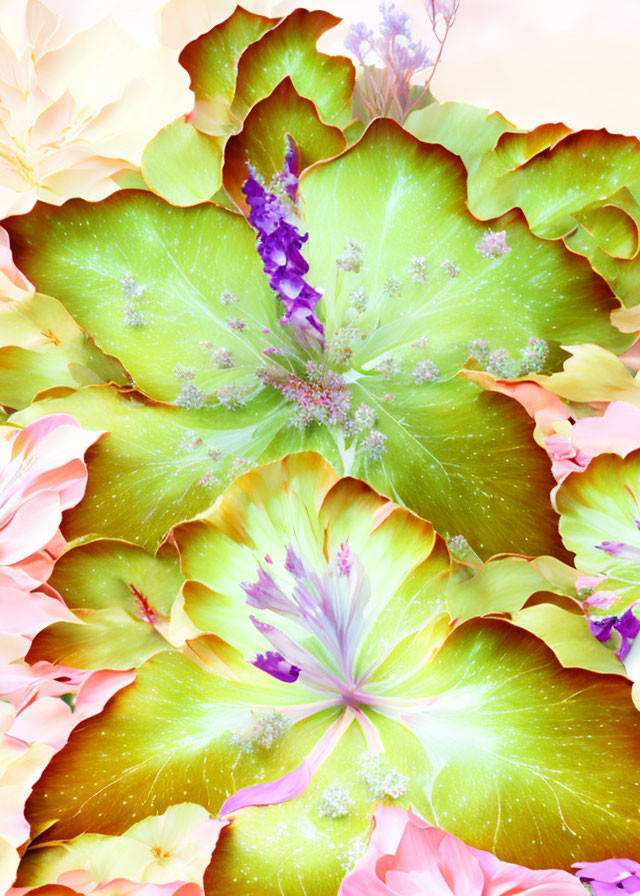 Colorful digital artwork: Vibrant flowers in green, pink, and purple hues on pastel backdrop