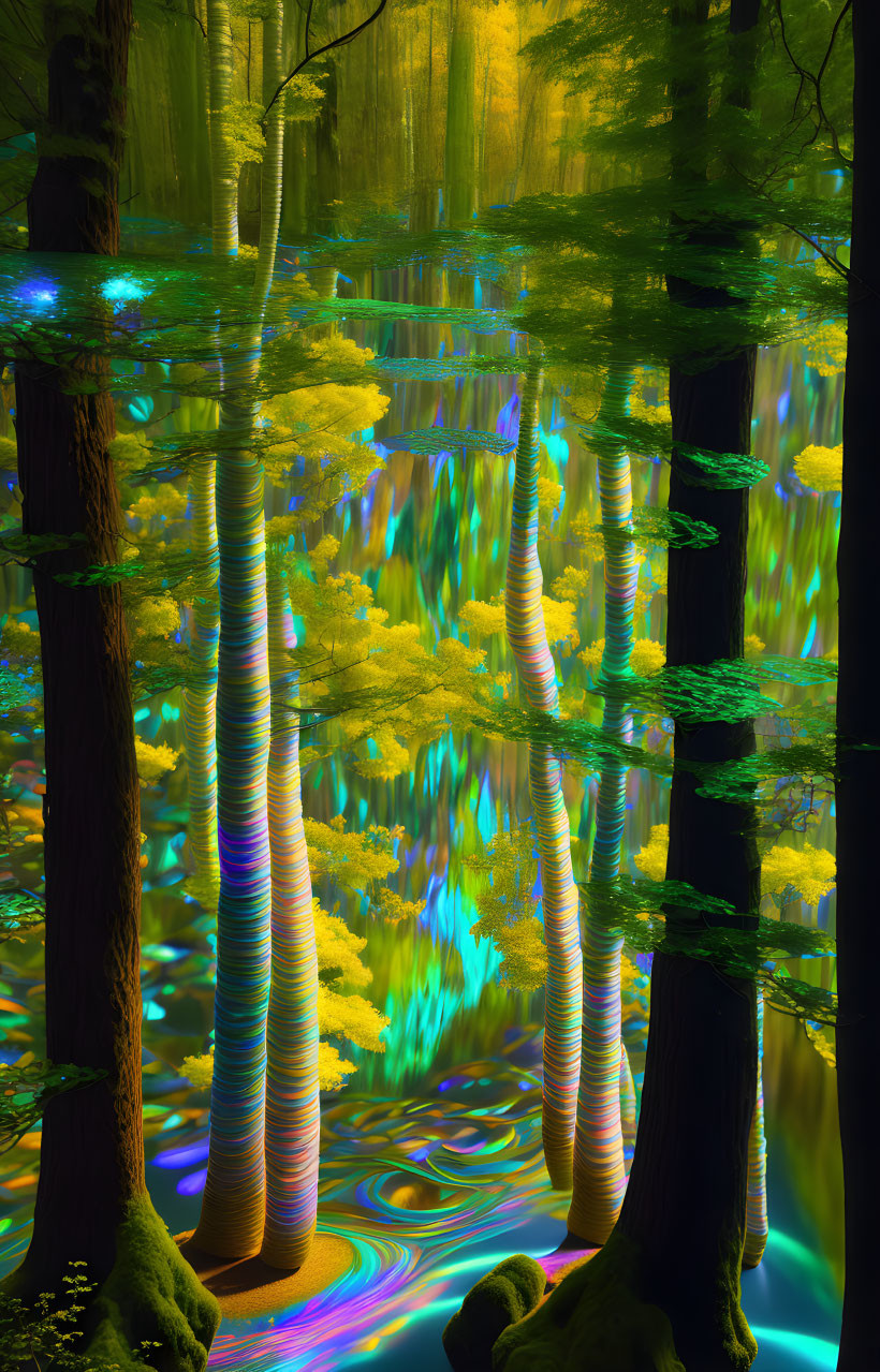 Colorful surreal forest with psychedelic patterns and glowing lights