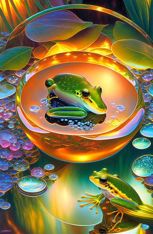 Colorful Frogs in Bubble Surrounded by Foliage & Bubbles