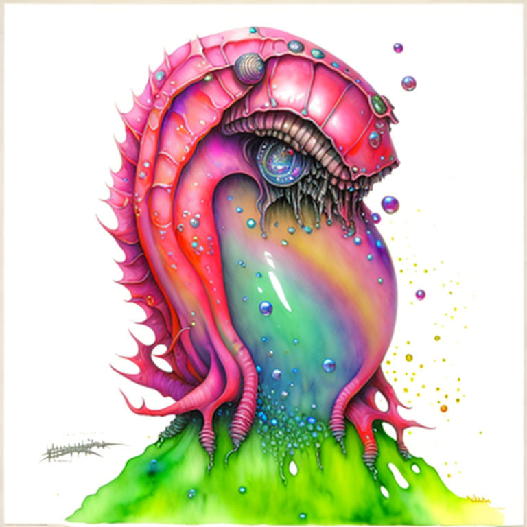 Vibrant psychedelic creature with pink spiky back and rainbow body.