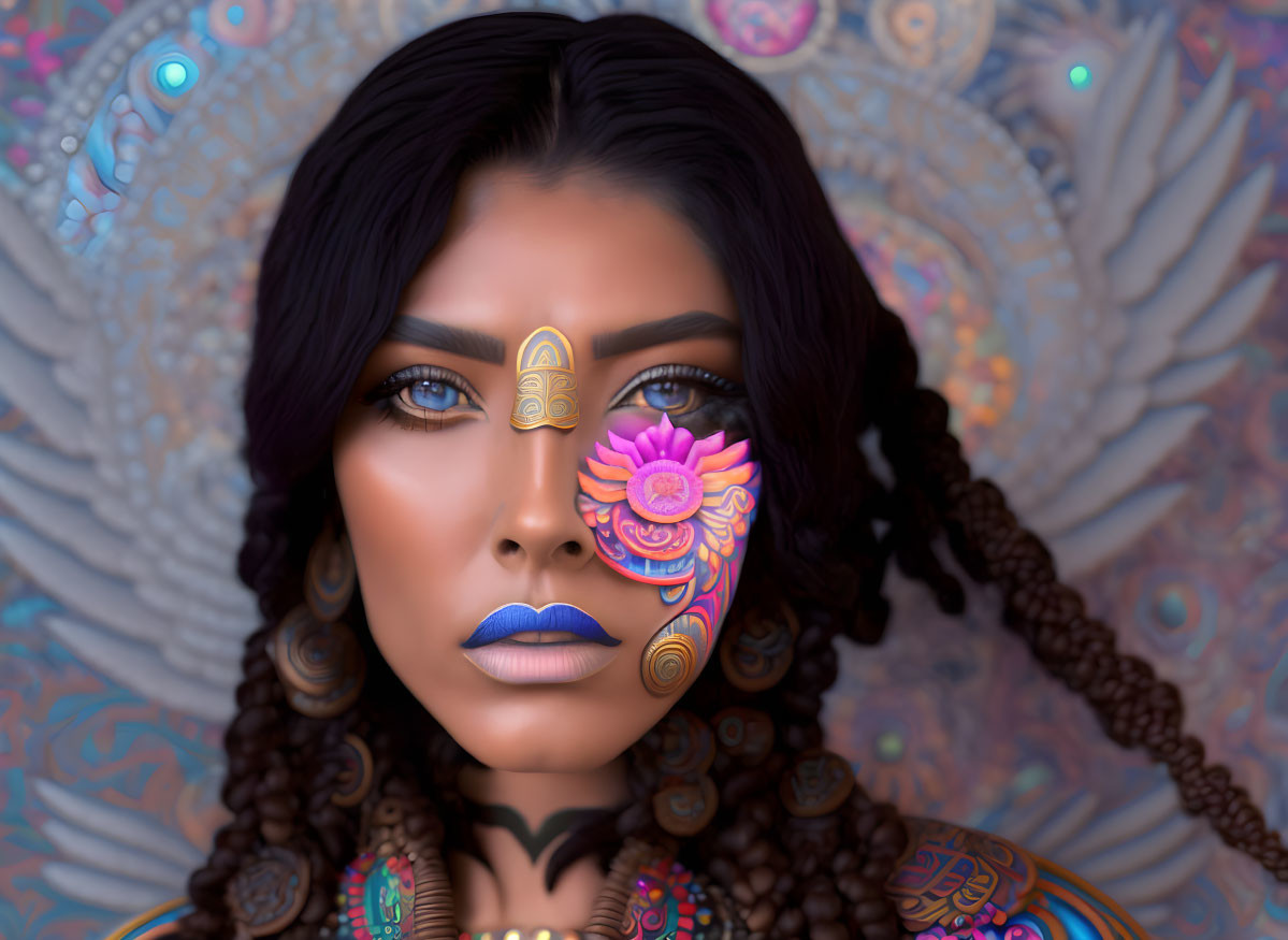 Colorful Digital Portrait of Woman with Intricate Facial Adornments