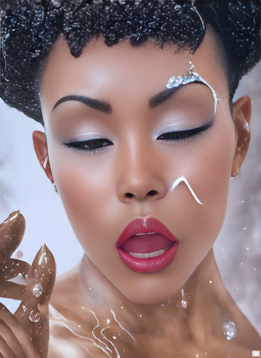 Close-up portrait of woman with water droplets, glossy lips, highlighted eyelids, and stylized